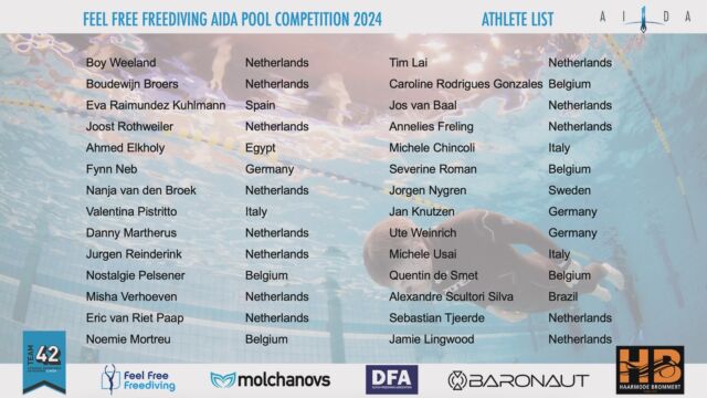 Here’s the athlete list of our upcoming competition on april 7. 🤩 

#aidafreediving #molchanovs #feelfreefreediving #competition #freediving #apnea #baronaut #dutchfreedivers #dutchfreedivingassociation #haarmodebrommert #team42 #tongelreep #eindhoven